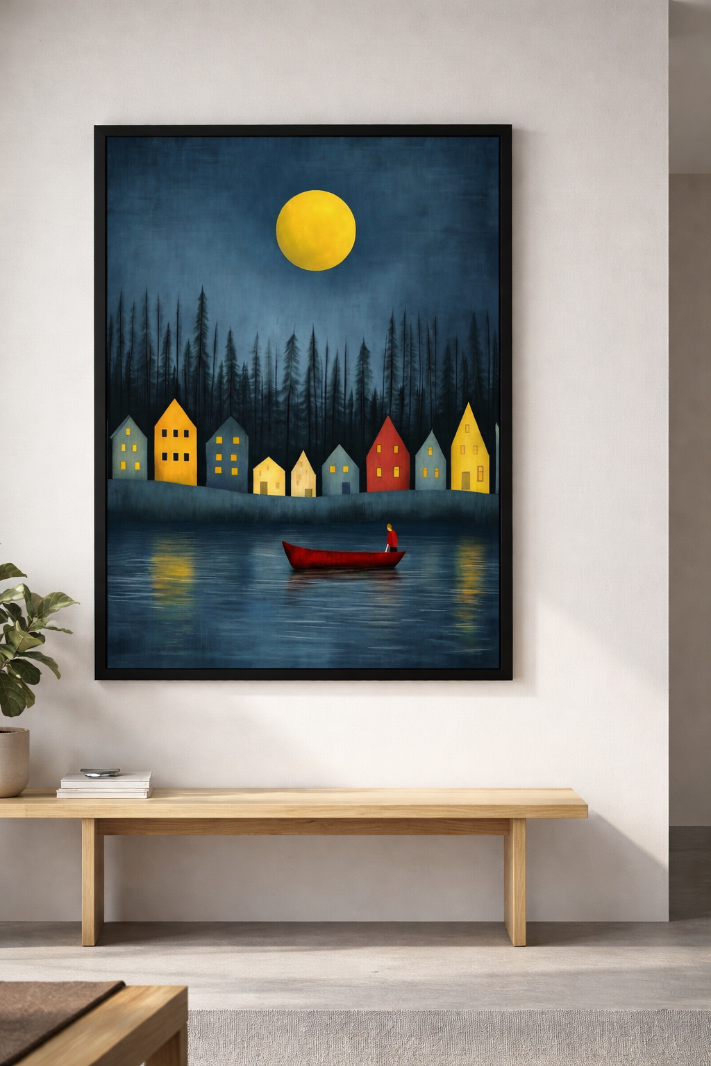 Moonlit Village Lake Canvas Wall Art