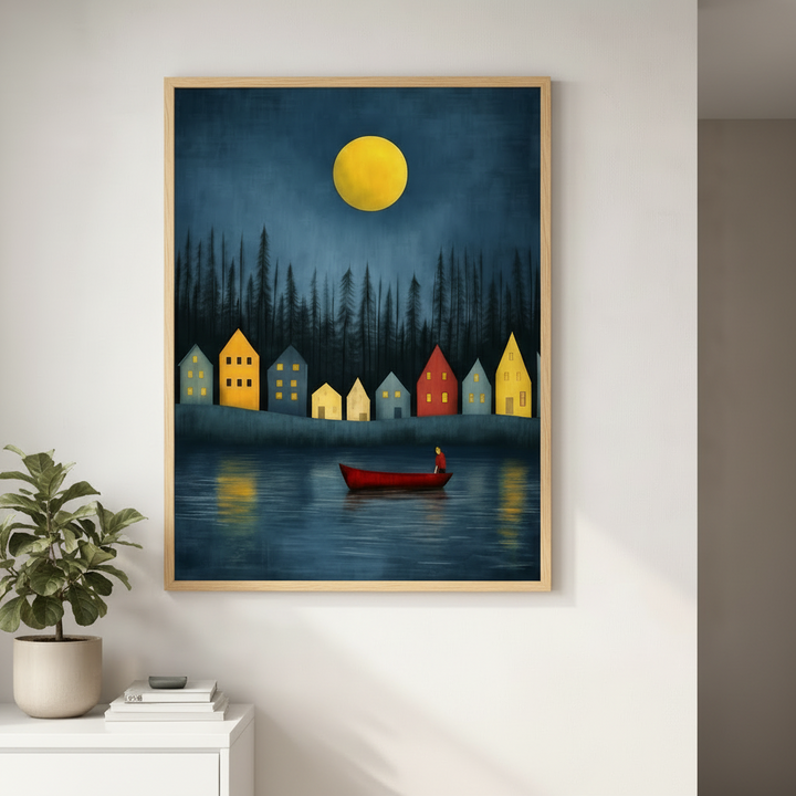 Moonlit Village Lake Canvas Wall Art