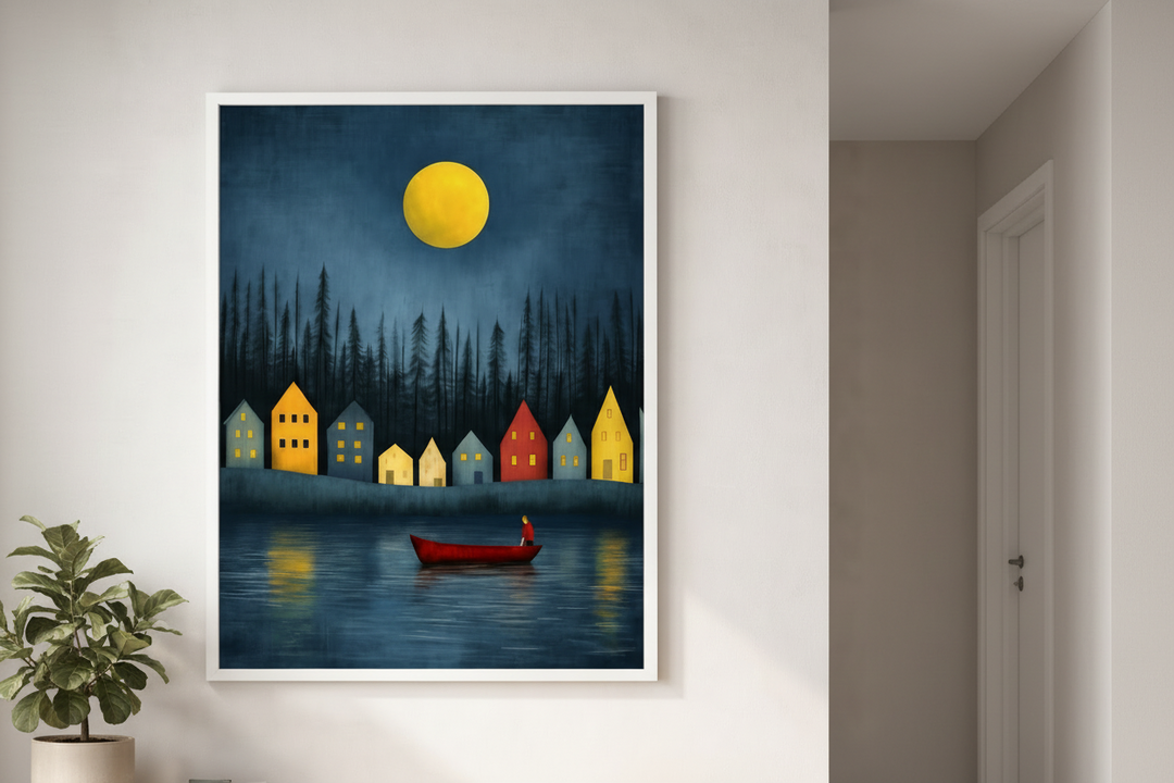 Moonlit Village Lake Canvas Wall Art