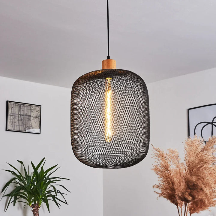 Industrial Mesh Pendant Light with Wooden Accent