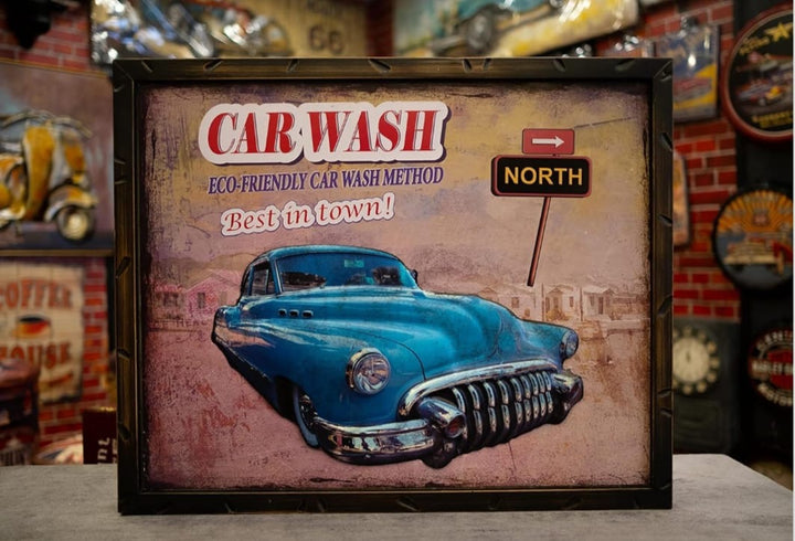 Vintage Blue Car Wash Retro Wall Art