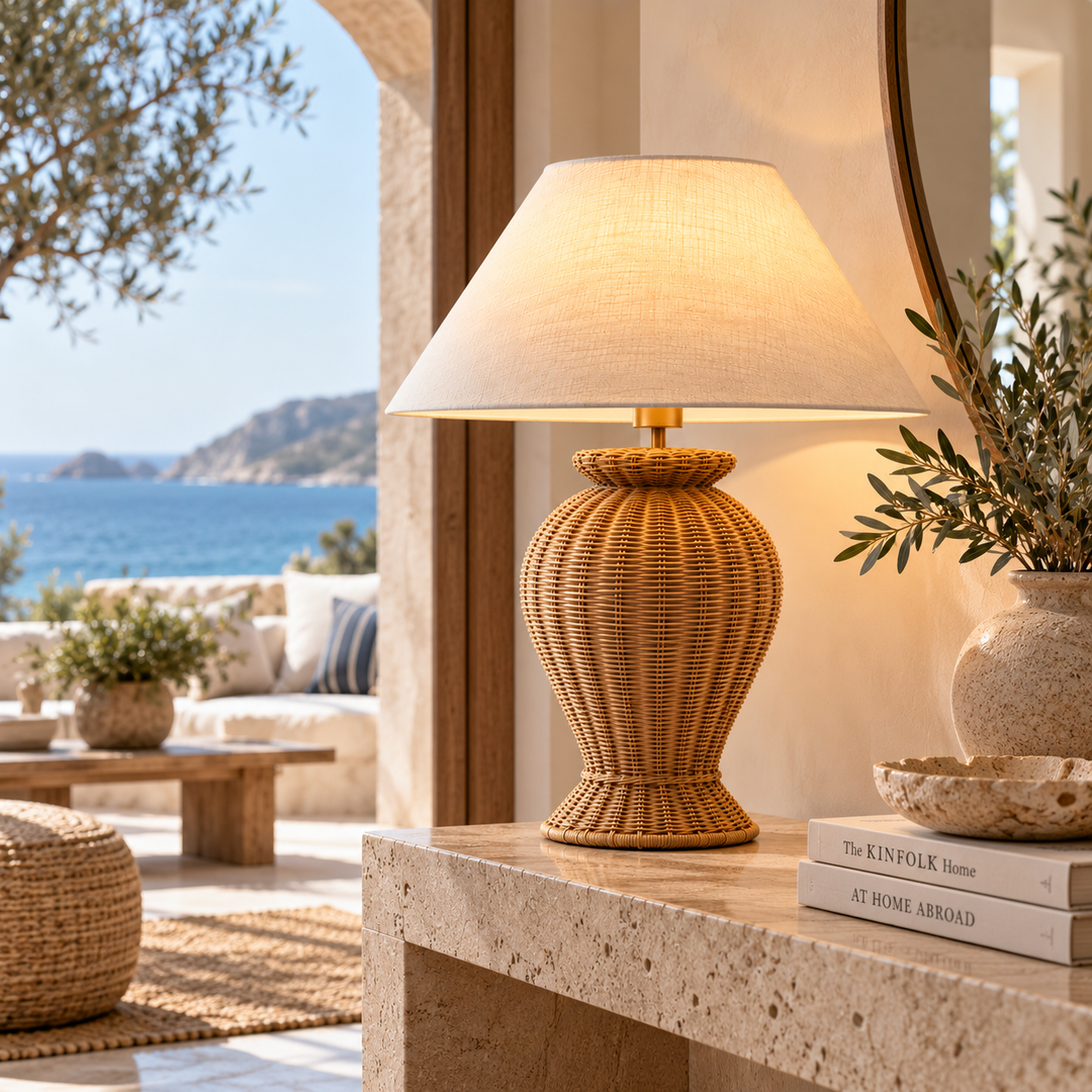 Woven Rattan Table Lamp with Linen Shade