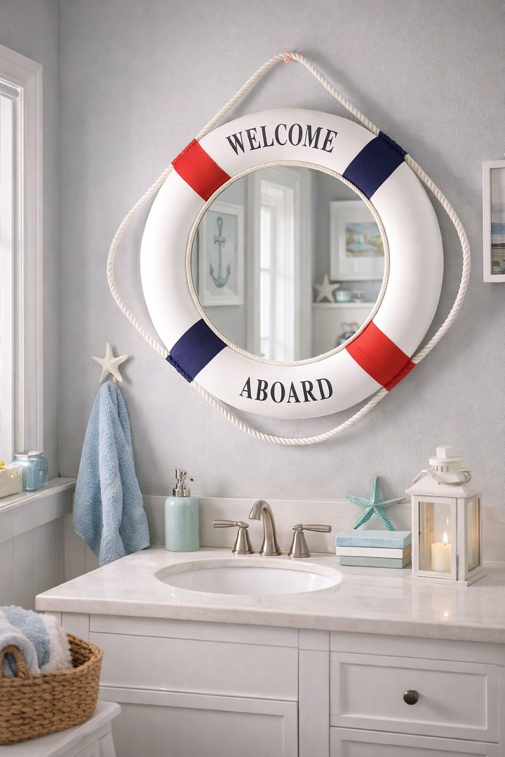 Nautical lifebuoy mirror with rope detailing for coastal wall decor