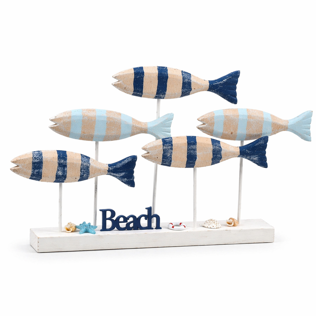 Minimalist wooden fish coastal decor in soft blue tones