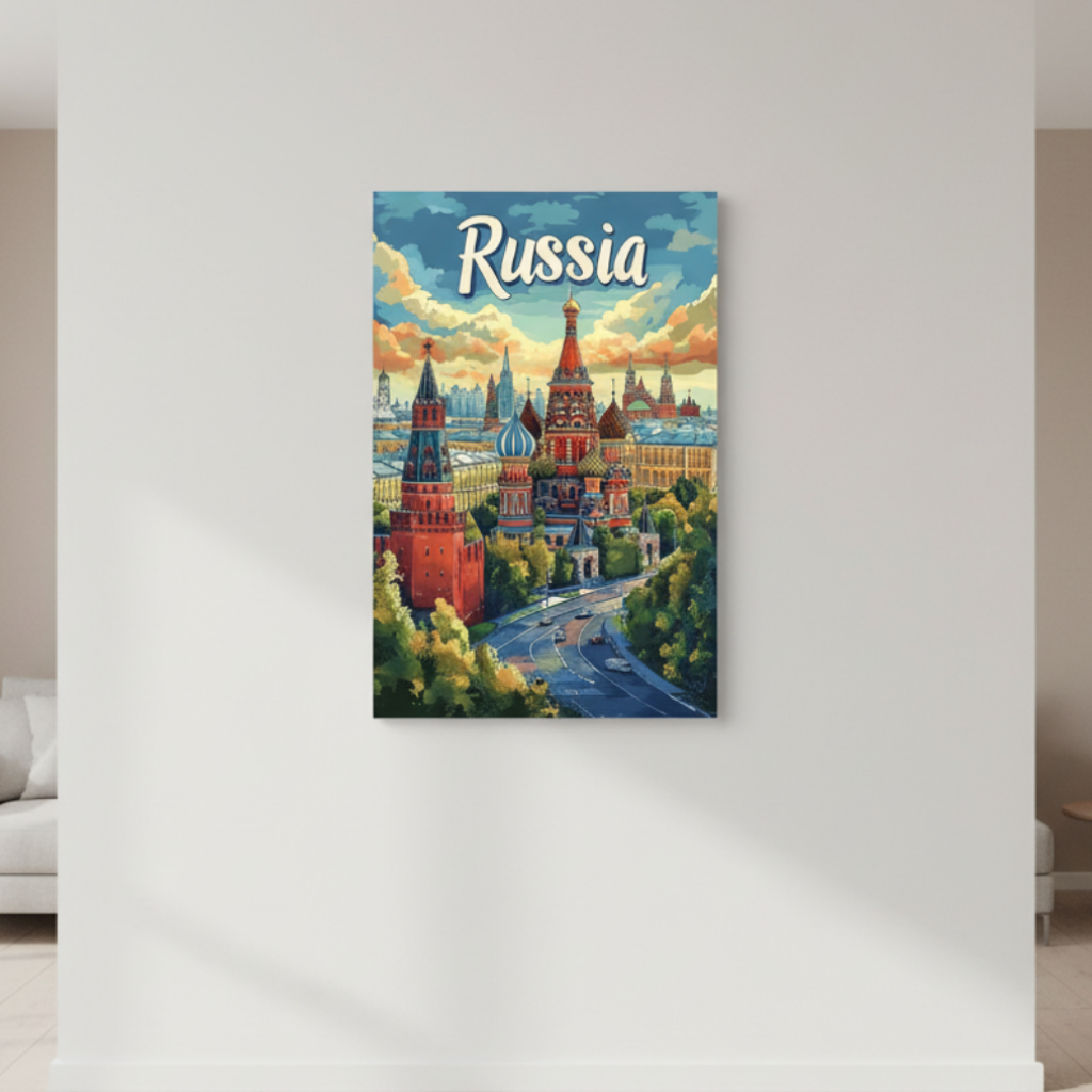 Russia Moscow vintage travel poster featuring Saint BasilÃƒÂ¢Ã¢â€šÂ¬Ã¢â€žÂ¢s Cathedral and Kremlin towers on premium canvas