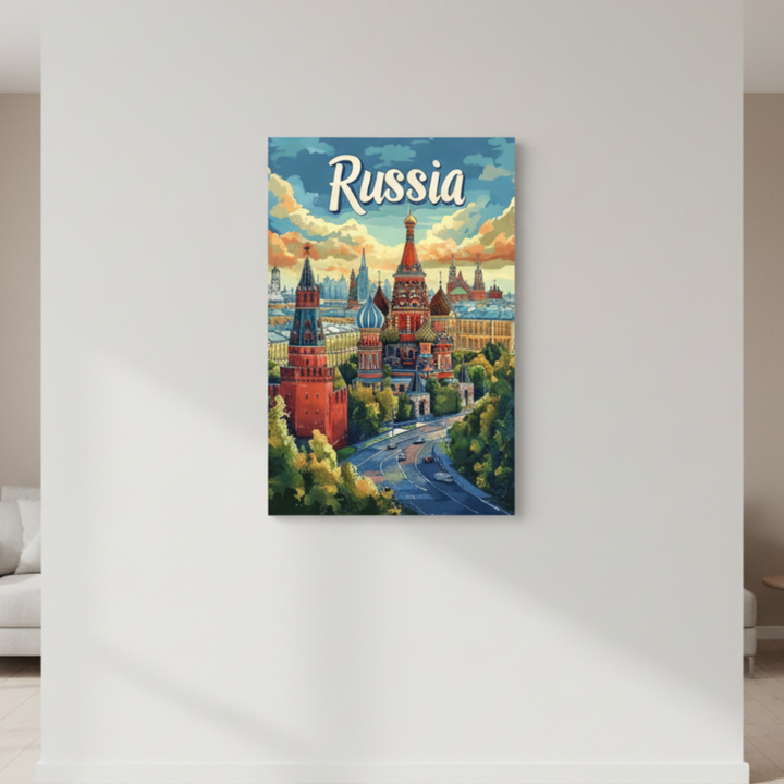 Russia Moscow vintage travel poster featuring Saint BasilÃƒÂ¢Ã¢â€šÂ¬Ã¢â€žÂ¢s Cathedral and Kremlin towers on premium canvas