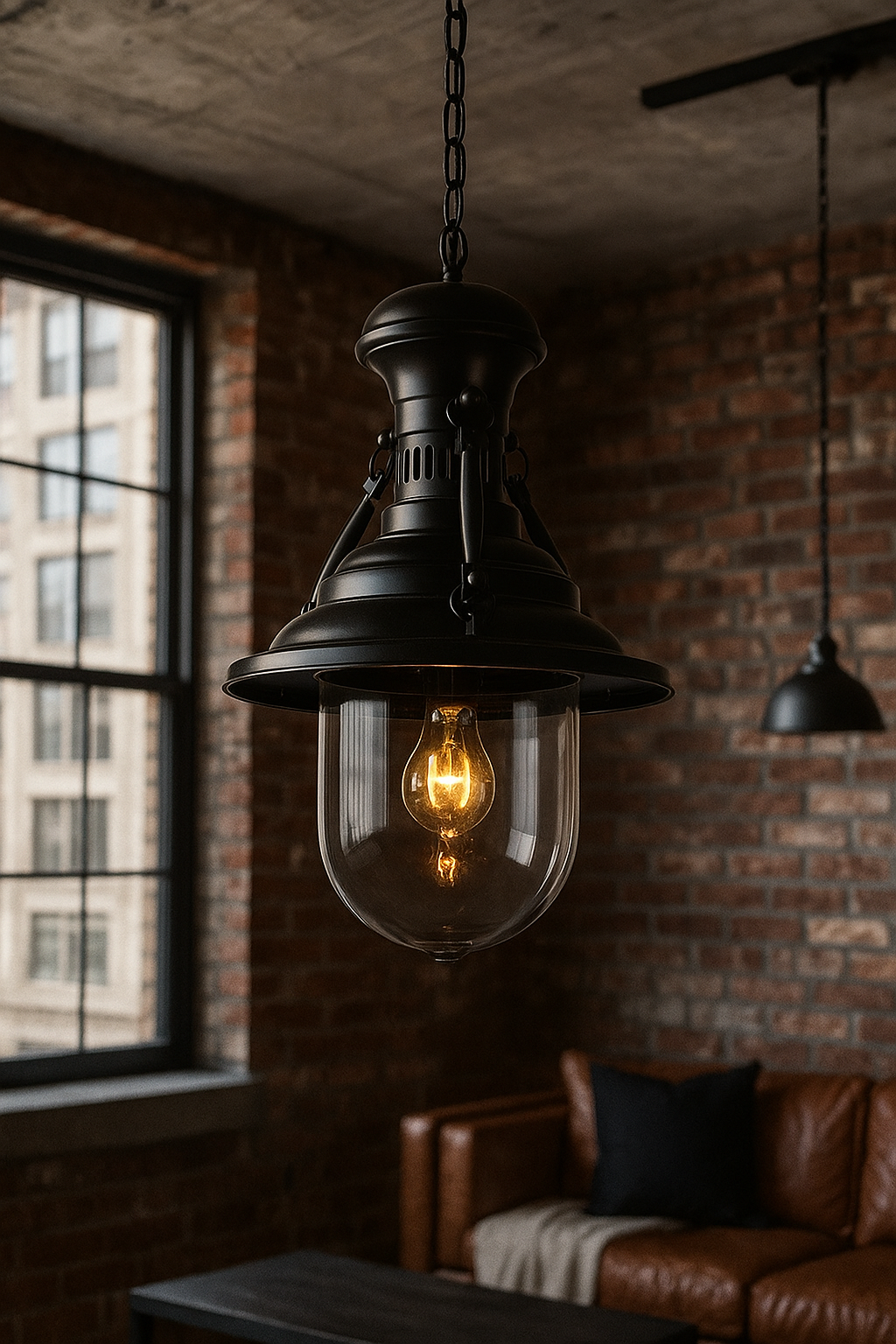 Vintage Industrial Pendant Light with Glass Shade