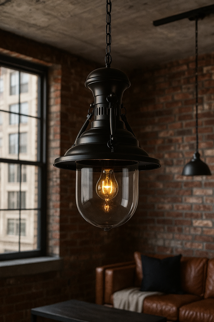 Vintage Industrial Pendant Light with Glass Shade