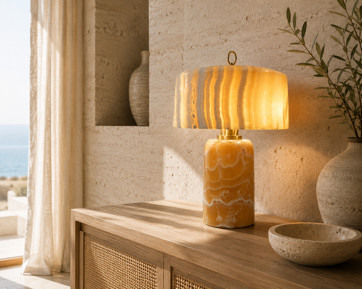 Modern Alabaster Table Lamp with Sculptural Stone Base
