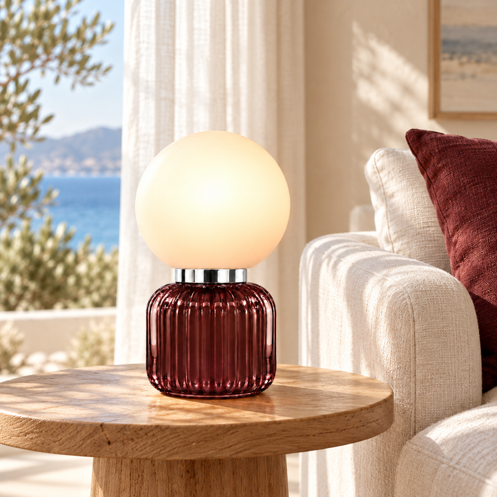 Burgundy Ribbed Glass Globe Table Lamp