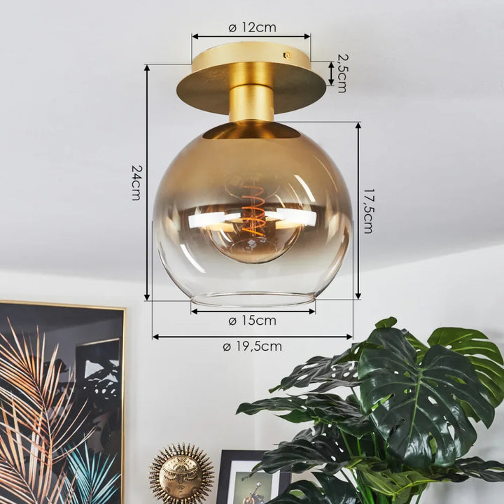 Modern Amber Glass Globe Ceiling Light with Brass Base