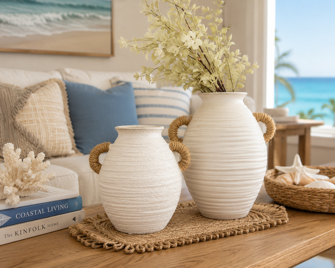 Textured White Ceramic Vase Set with Rope Handles
