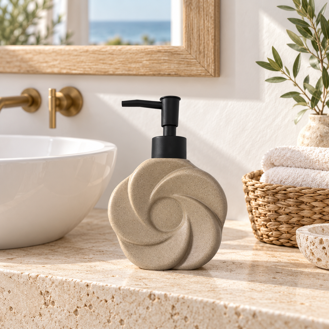 Sculptural beige ceramic soap dispenser with spiral relief and black pump on a bathroom countertop