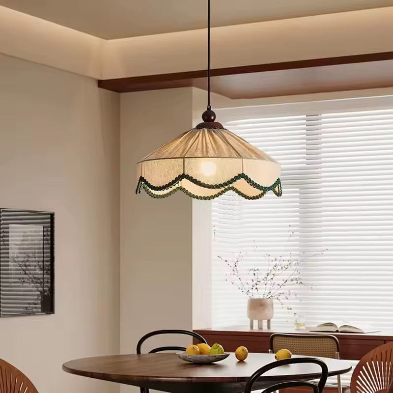 Vintage Cream Fabric Pendant Light with Beaded Trim