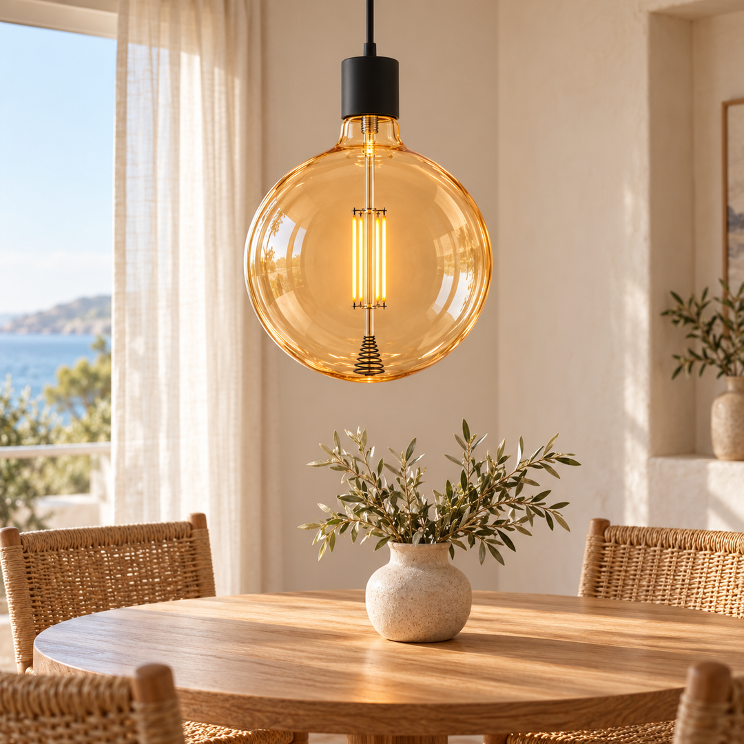 Amber-tinted glass globe pendant with an exposed glowing filament above a wooden dining table