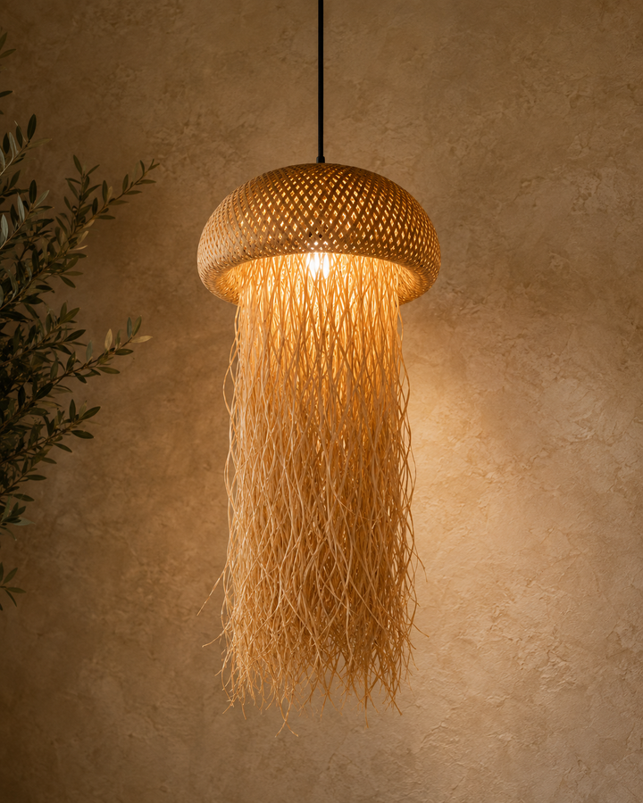 Natural rattan pendant light with woven dome shade and long hanging fringe details