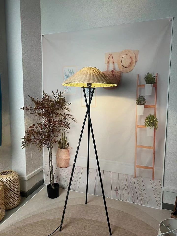 Rustic Tripod Floor Lamp with Woven Shade