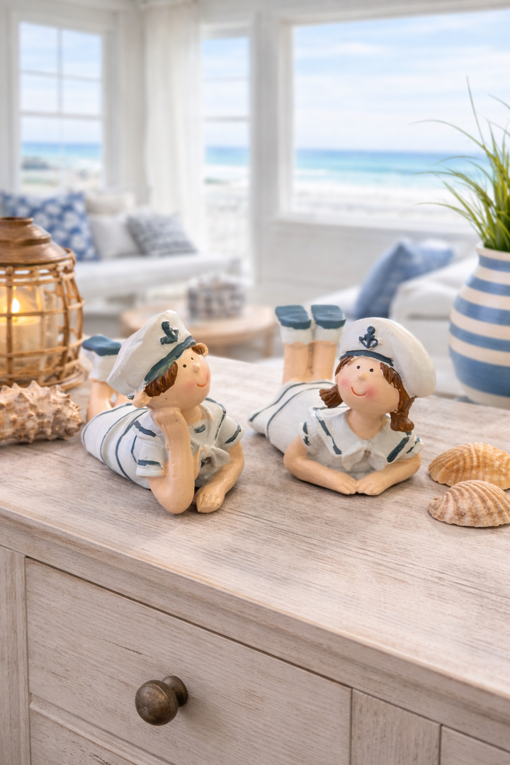 Relaxing Sailor Kids figurines set of 2 for coastal decor
