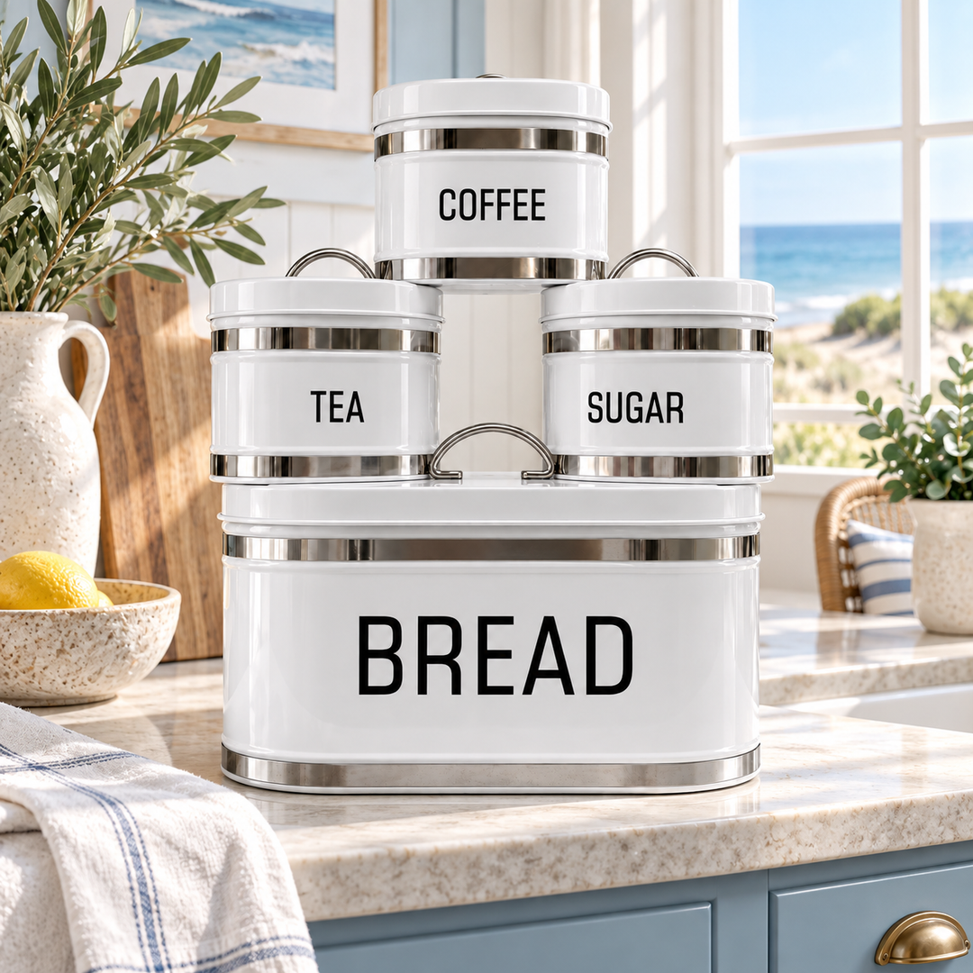 White Metal Kitchen Storage Canister Set with Bread Box, Coffee, Tea & Sugar Containers
