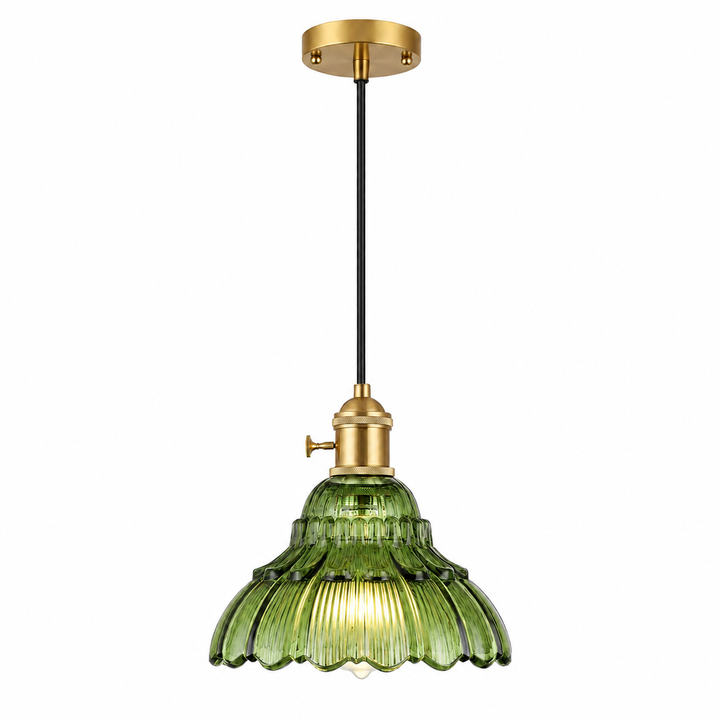 Vintage Green or Clear Ribbed Glass Wall Sconce or Pendant light with Brass Finish