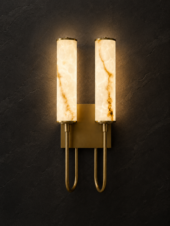 Modern Double Artificial Alabaster Brass Wall Sconce