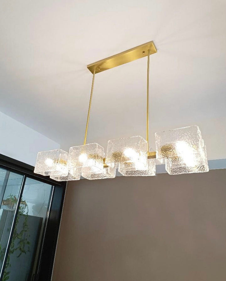 Modern Linear Chandelier with Glass Cubes and Gold Frame