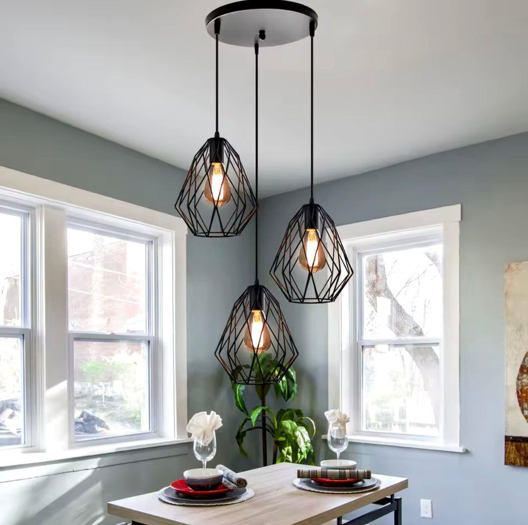 Industrial Triple Pendant Light with Geometric Shades