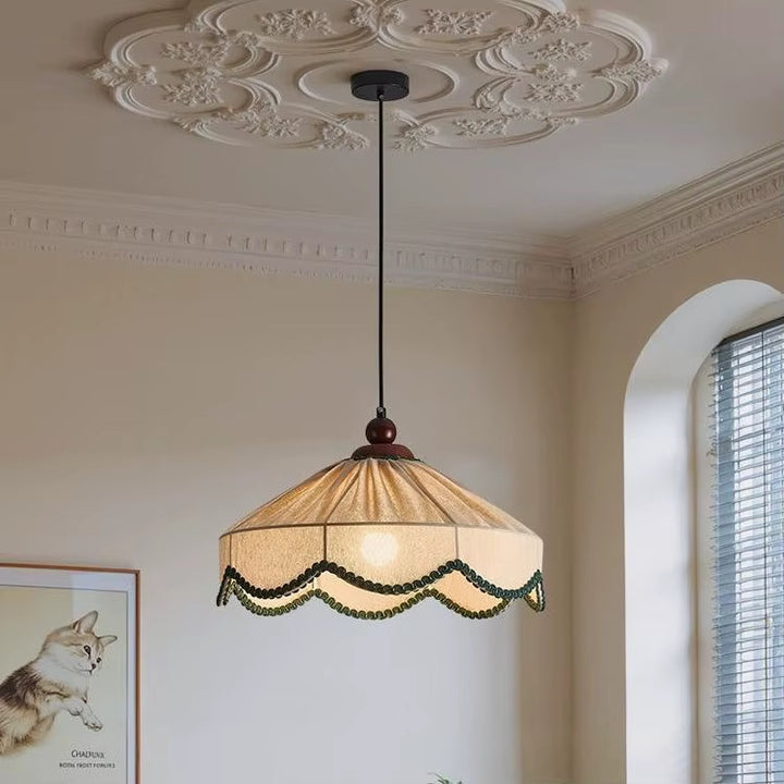 Vintage Cream Fabric Pendant Light with Beaded Trim