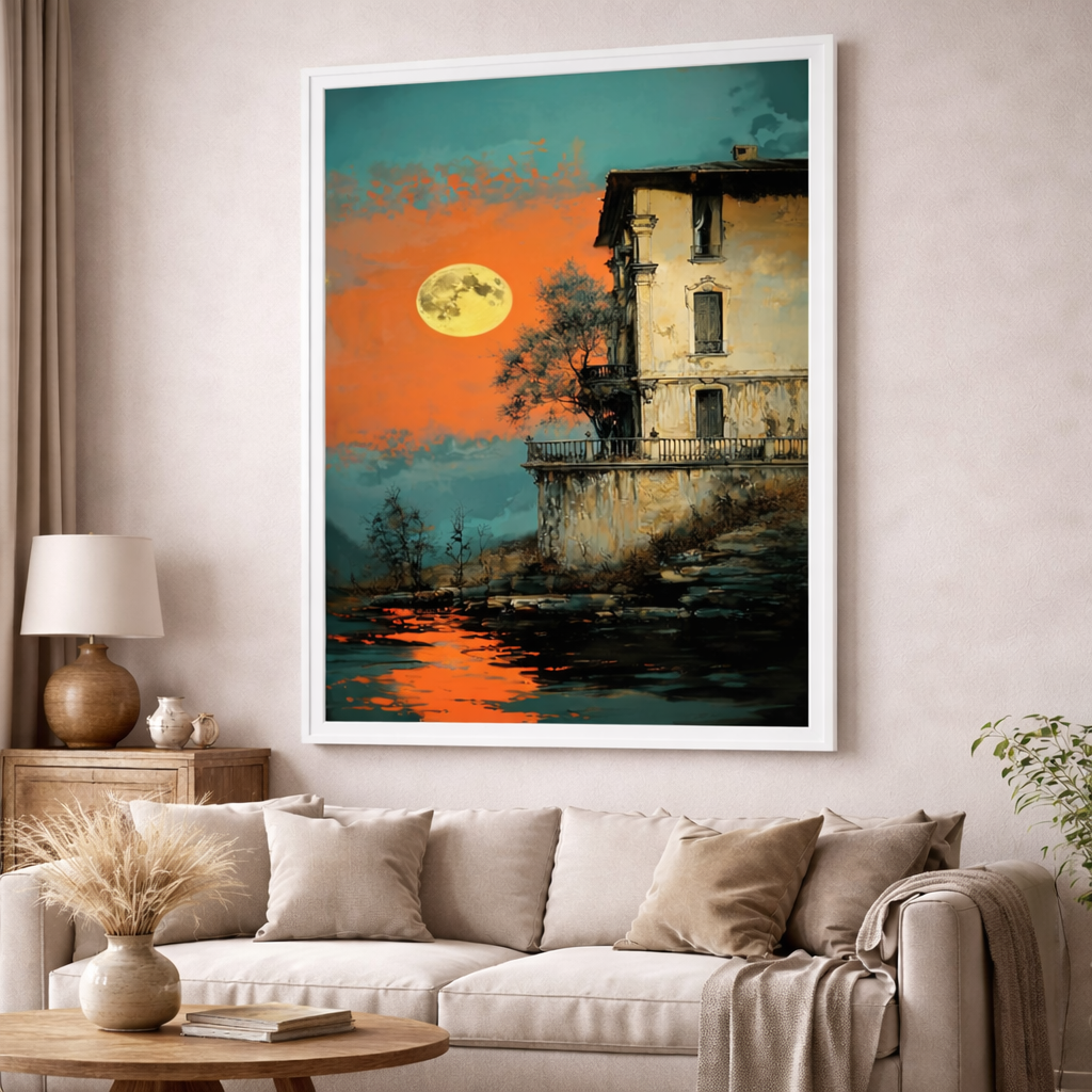 Moonlit Waterfront House Canvas