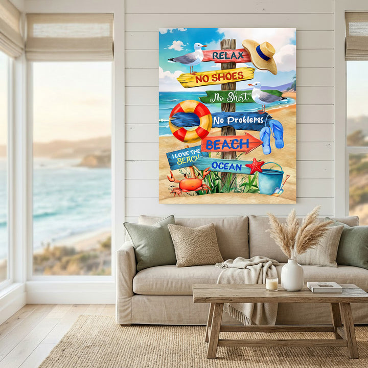 Colorful beach sign canvas art with vibrant wooden seaside icons and cheerful coastal typography on premium canvas