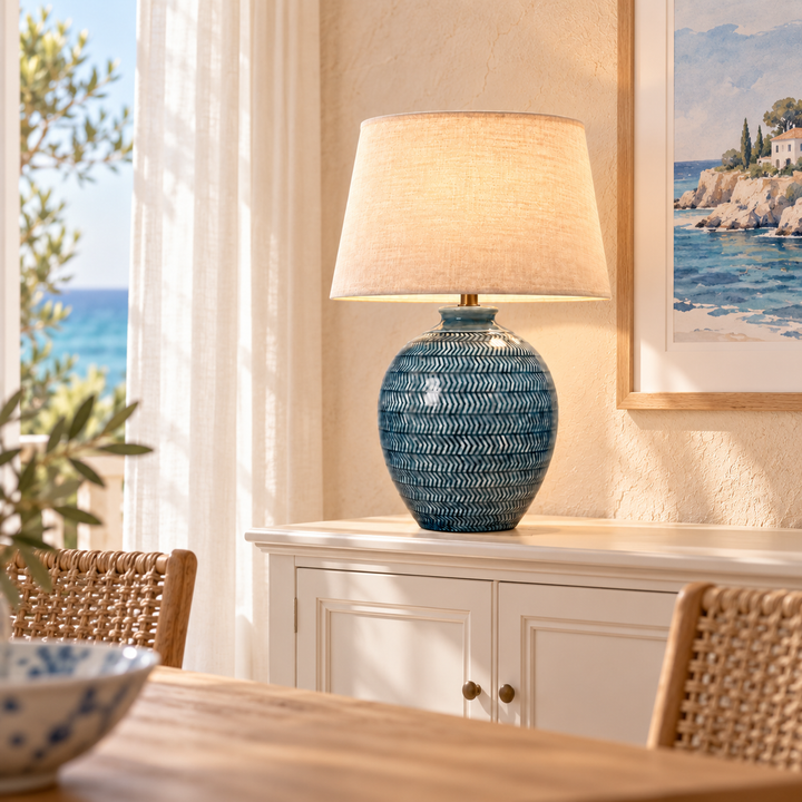 Blue Patterned Ceramic Table Lamp with Linen Shade