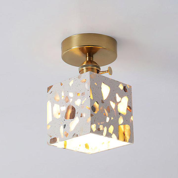 White Terrazzo Cube Pendant Light with Brass Mount