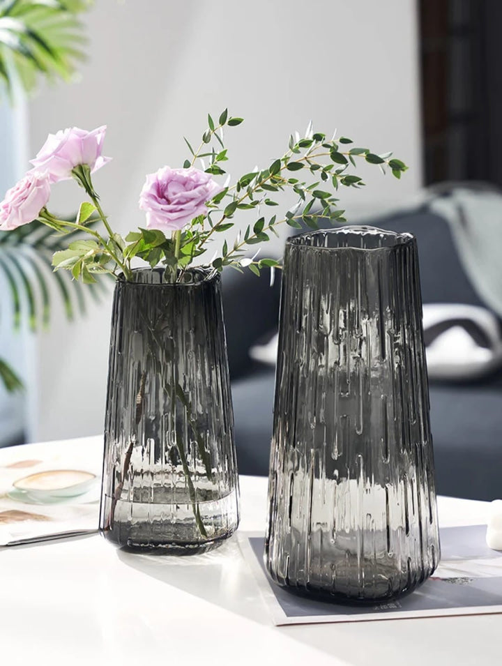 Tall Textured Smoky Glass Vase set of 3