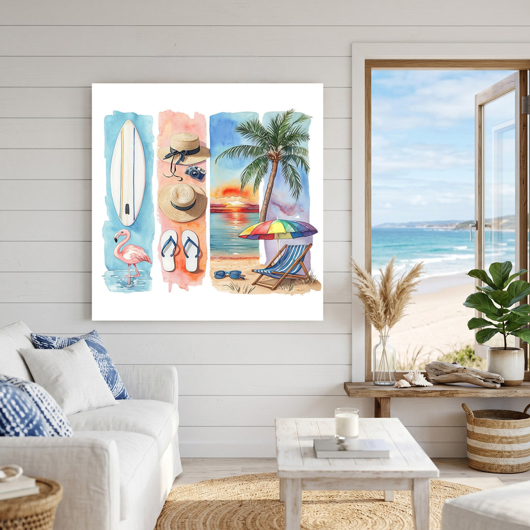 Summer beach watercolor canvas wall art with surfboard, palm tree, flamingo, and sunset in vibrant colors