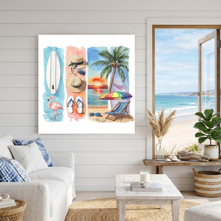 Summer beach watercolor canvas wall art with surfboard, palm tree, flamingo, and sunset in vibrant colors