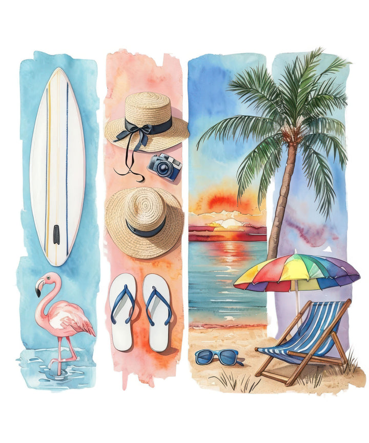 Summer beach watercolor canvas wall art with surfboard, palm tree, flamingo, and sunset in vibrant colors