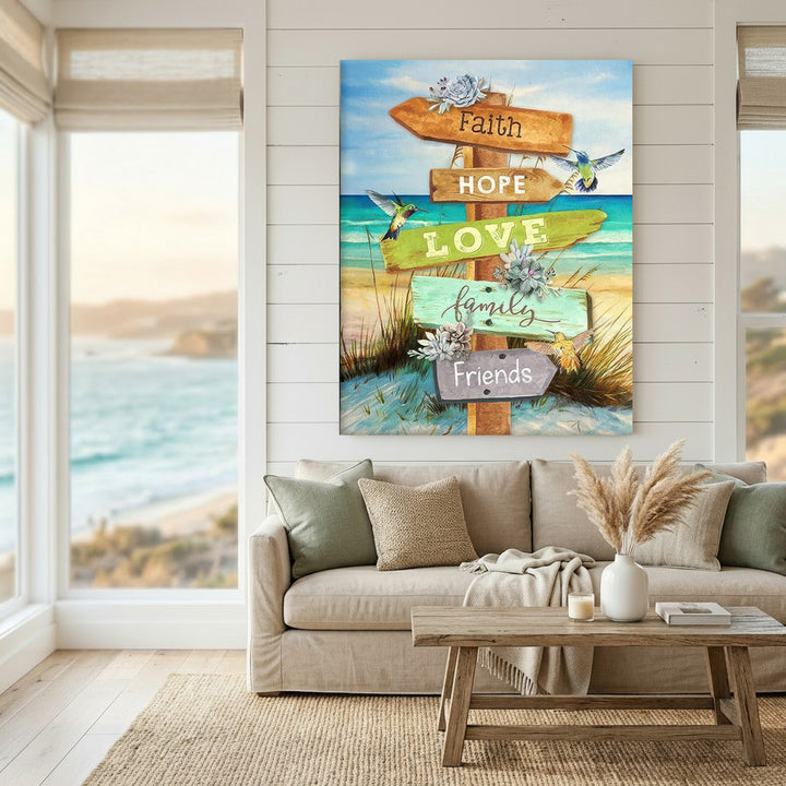 Beach scene canvas art with Faith Hope Love colorful wooden signposts and hummingbirds