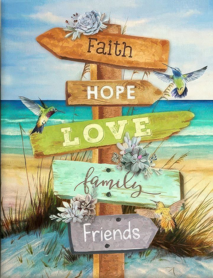 Beach scene canvas art with Faith Hope Love colorful wooden signposts and hummingbirds