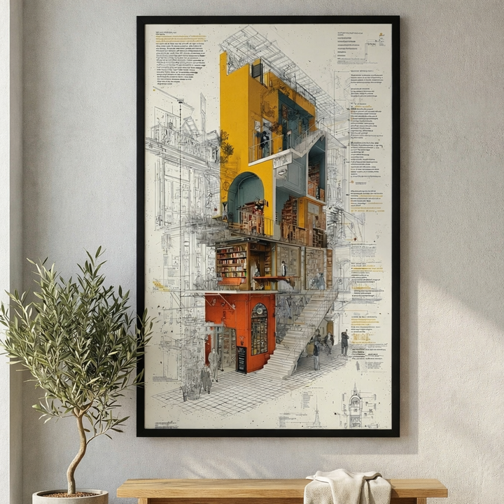 Architectural Blueprint Art Framed