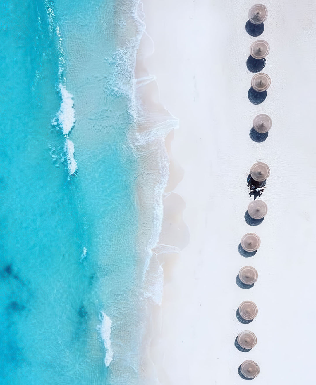 Aerial view of beach umbrellas on turquoise ocean shore canvas wall art