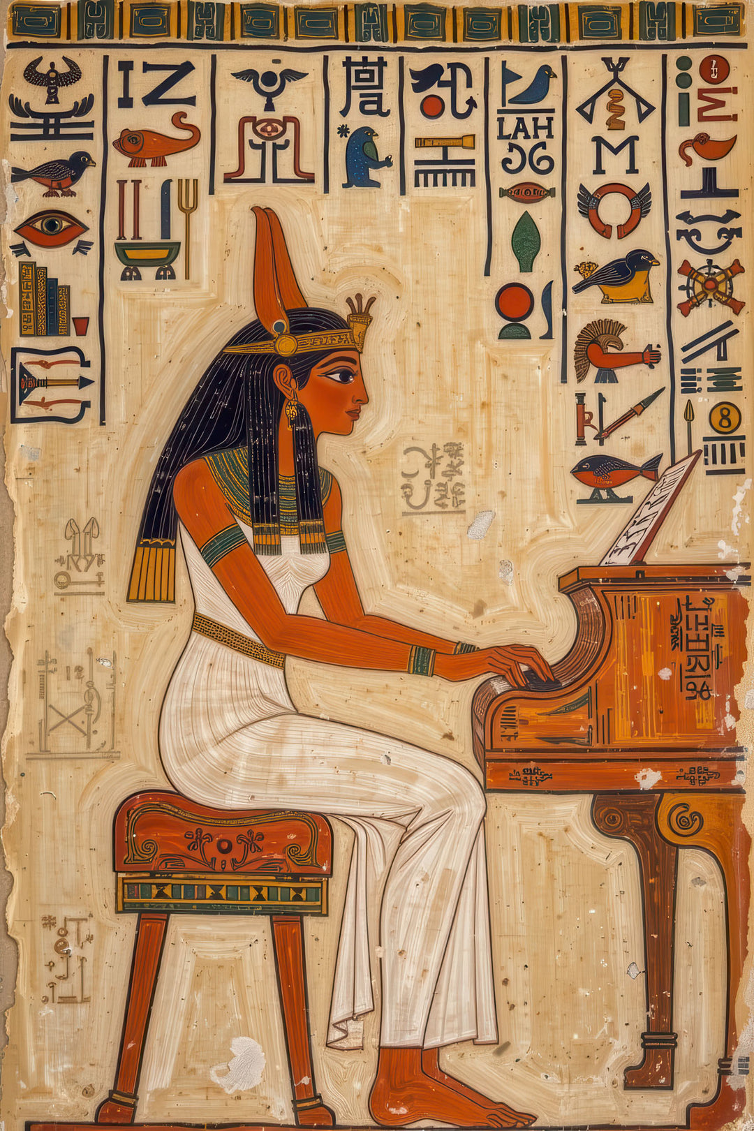 Ancient Egyptian Queen artwork on papyrus-style canvas with hieroglyphics and classical instrument, framed in MDF with glass front