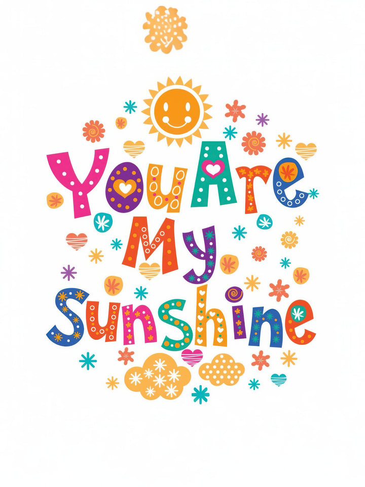 You Are My Sunshine kids canvas art with bright typography, colorful flowers, hearts, stars, and smiling sun in MDF frame