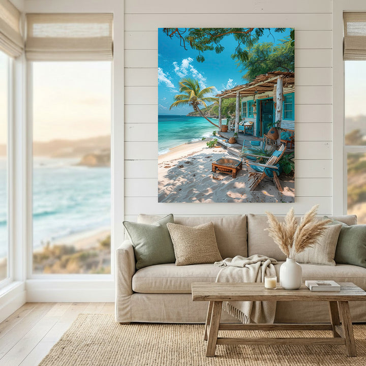 Tropical beach house coastal canvas art with palm trees and turquoise waters on premium canvas