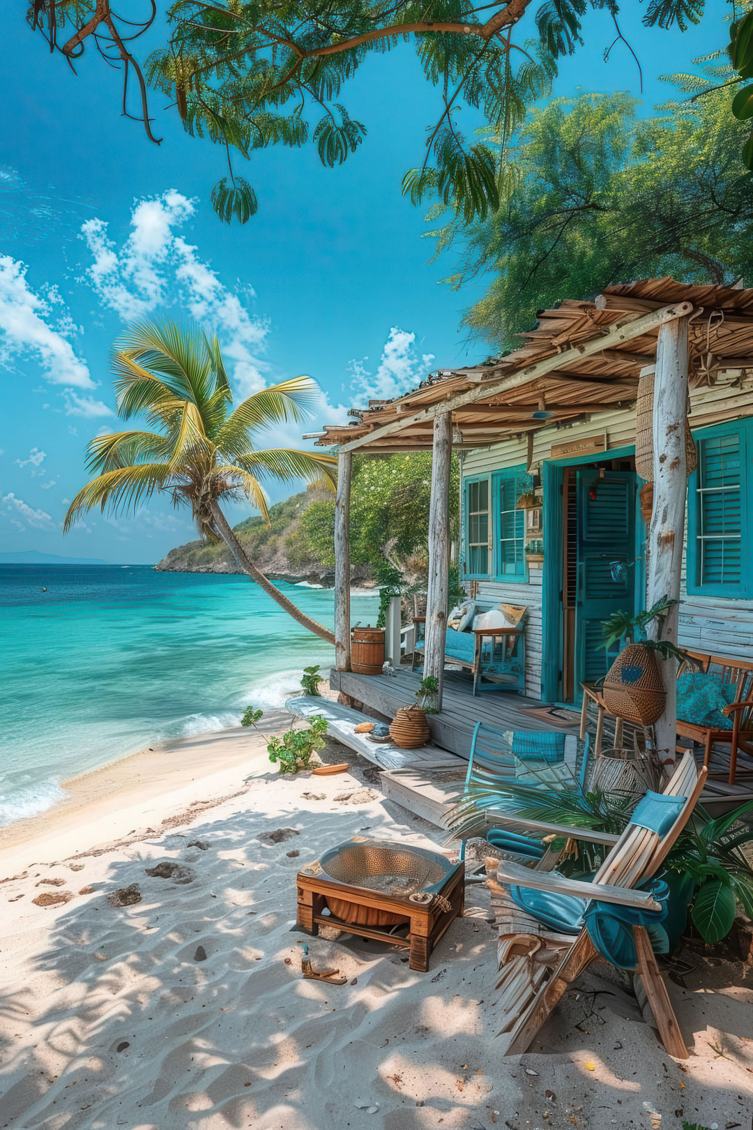 Tropical beach house coastal canvas art with palm trees and turquoise waters on premium canvas