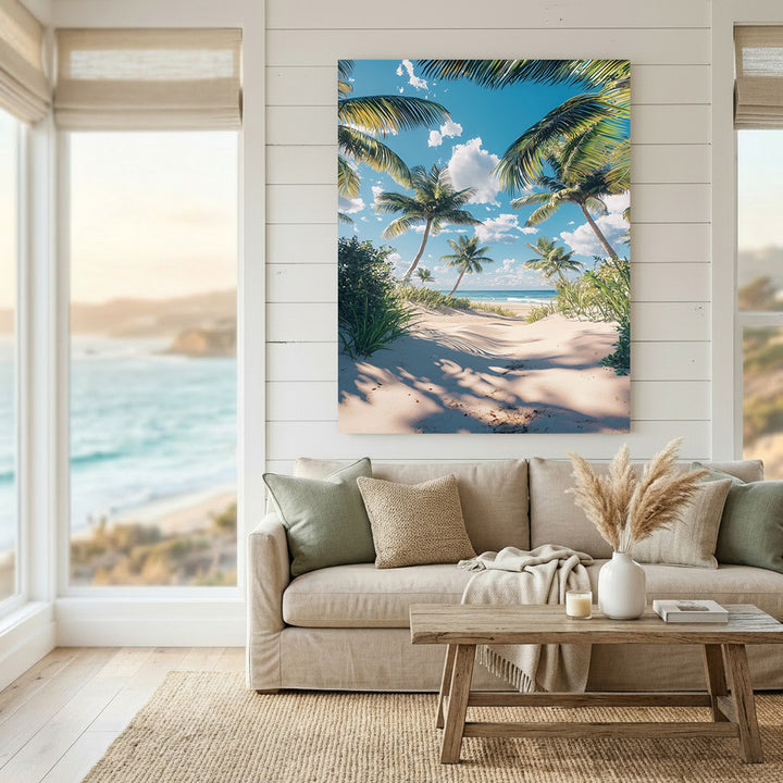 Tropical palm beach path with tall palm trees and white sand leading to ocean on canvas art