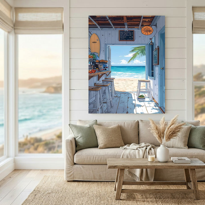 Seaside beach bar view of turquoise ocean and sandy shore canvas art with MDF frame and glass front