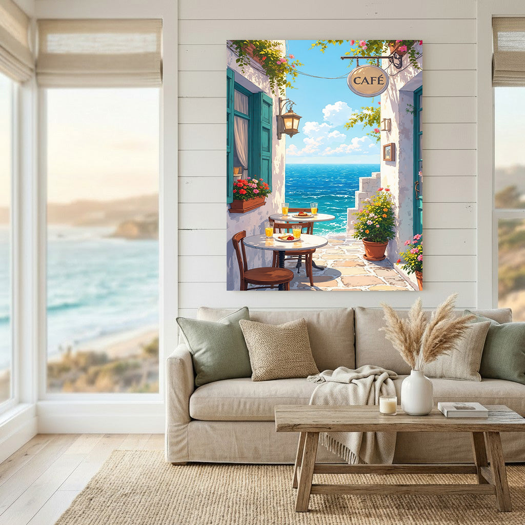 Seaside cafÃƒÆ’Ã‚Â© terrace overlooking blue sea with flowers and shutters canvas art
