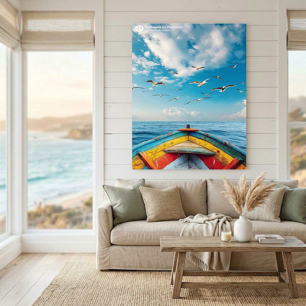 Seagulls over ocean flying above colorful wooden boat on calm water canvas art