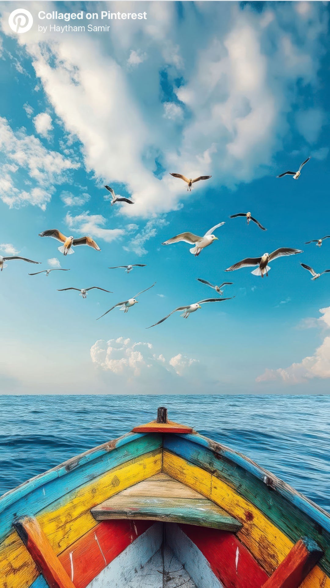 Seagulls over ocean flying above colorful wooden boat on calm water canvas art