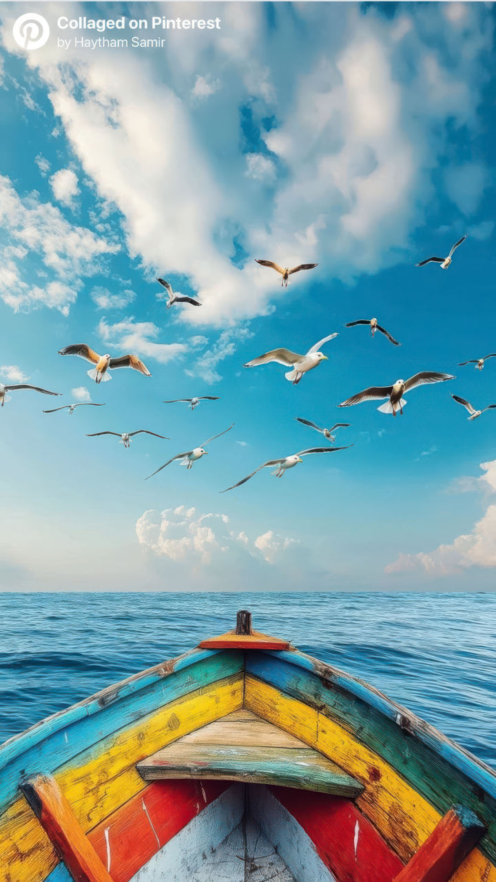 Seagulls over ocean flying above colorful wooden boat on calm water canvas art